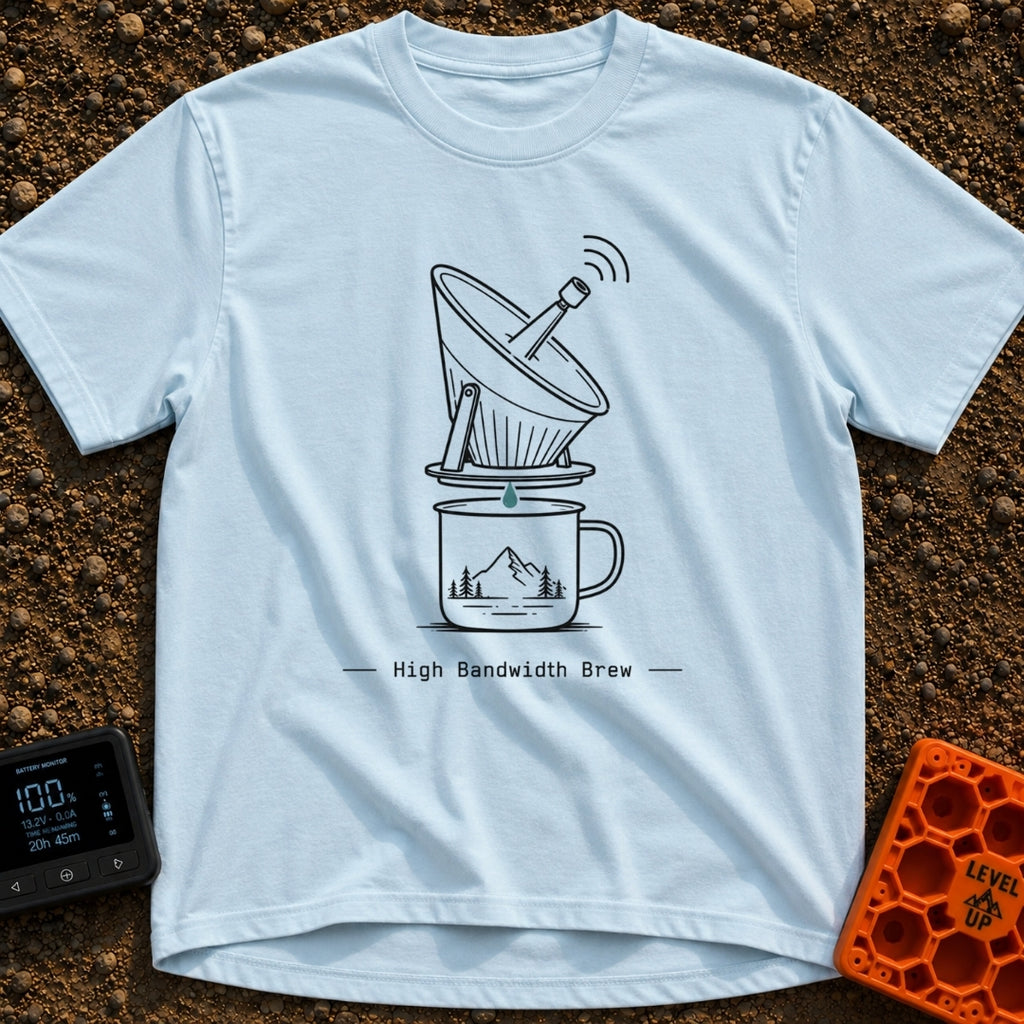 High Bandwidth Brew - T-Shirt in Chambray - A line-art illustration of a pour-over coffee dripper designed to look like a...