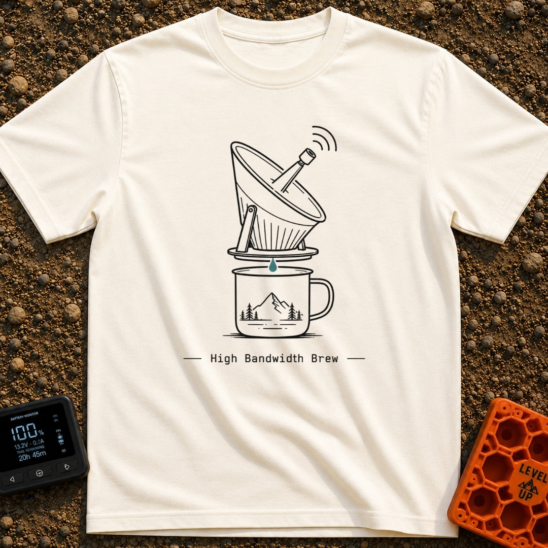 High Bandwidth Brew - T-Shirt in Ivory - A line-art illustration of a pour-over coffee dripper designed to look like a...