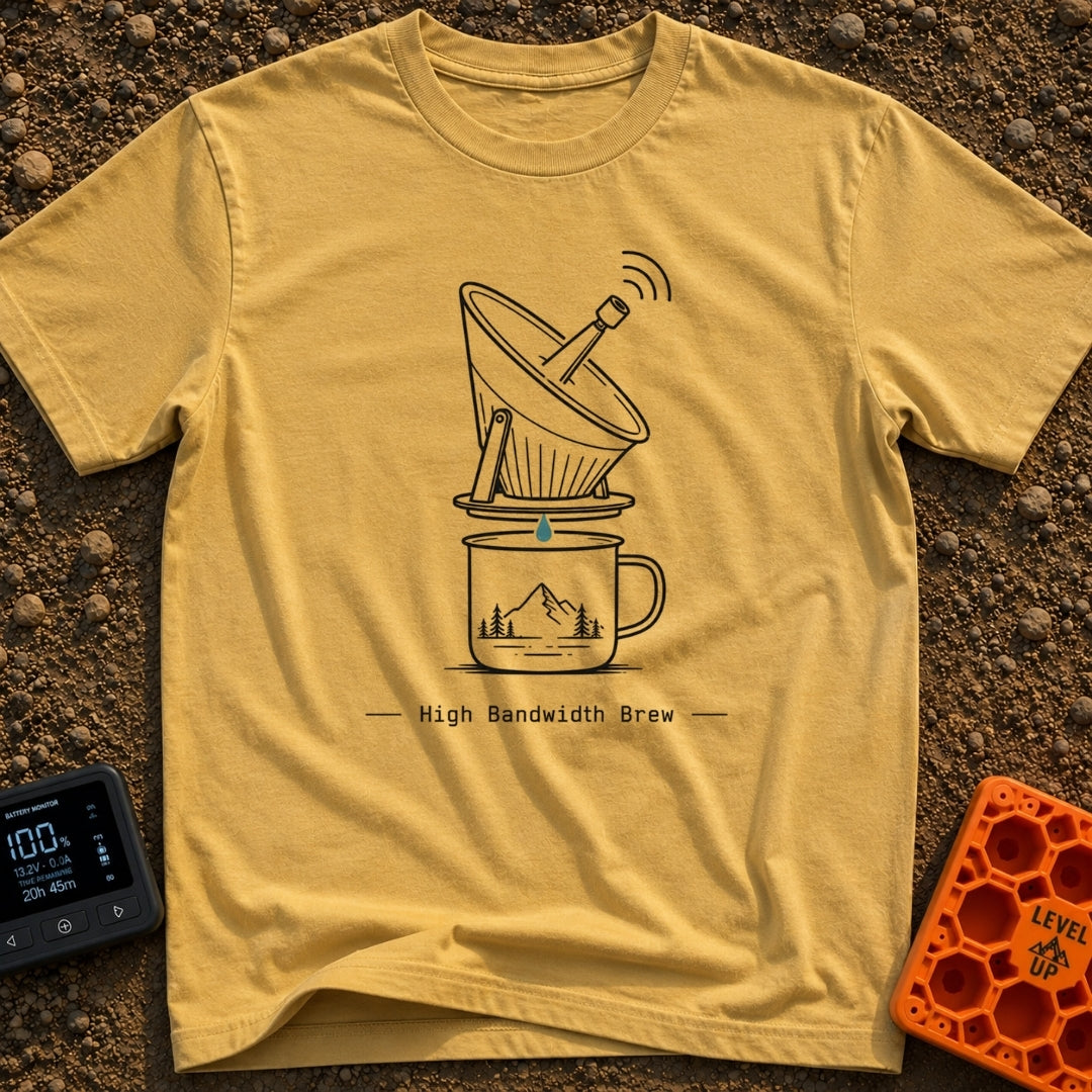 High Bandwidth Brew - T-Shirt in Mustard - A line-art illustration of a pour-over coffee dripper designed to look like a...