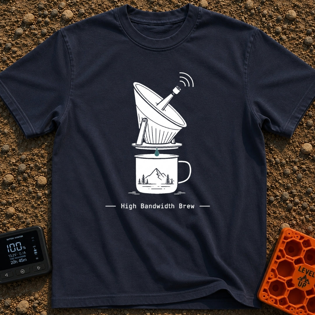 High Bandwidth Brew - T-Shirt in Navy - A line-art illustration of a pour-over coffee dripper designed to look like a...