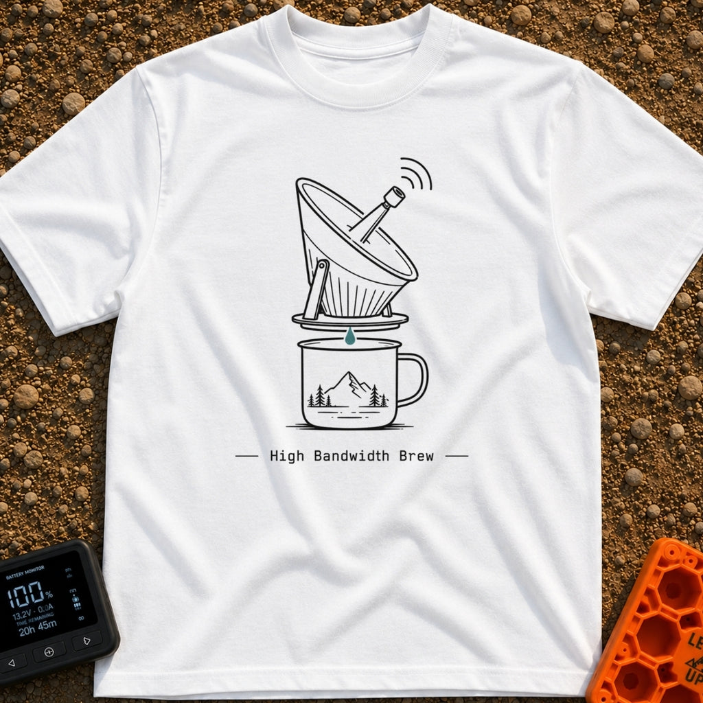 High Bandwidth Brew - T-Shirt in White - A line-art illustration of a pour-over coffee dripper designed to look like a...