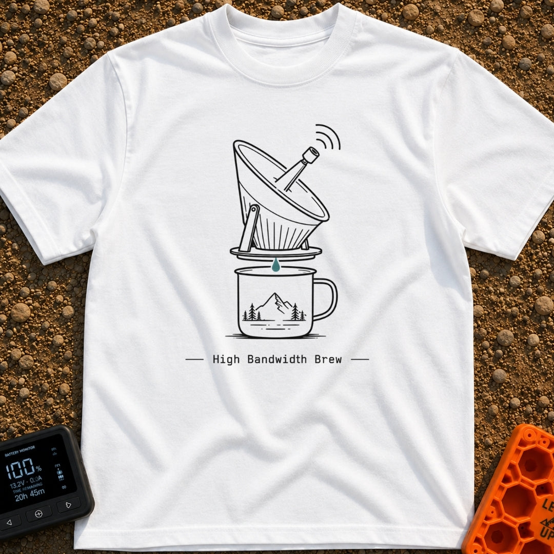 High Bandwidth Brew - T-Shirt in White - A line-art illustration of a pour-over coffee dripper designed to look like a...