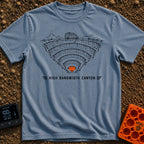 Canyon Wide Web - T-Shirt in Blue Jean - A black-and-white line drawing of a camper van parked on the rim of a deep,...