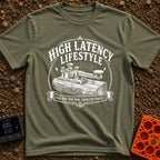 High Latency Low Stress - T-Shirt in Moss - A black and white vintage-style illustration of a mechanical telegraph key...