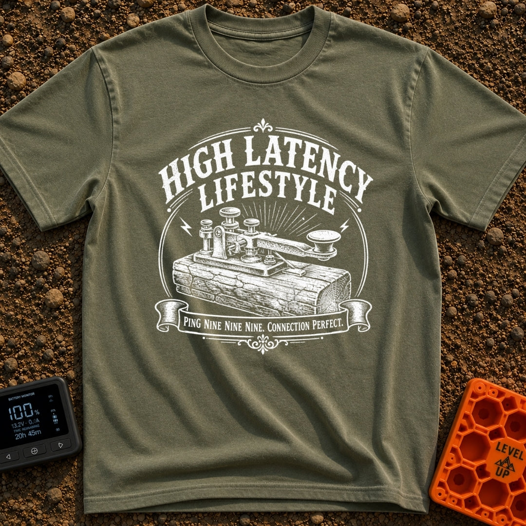 High Latency Low Stress - T-Shirt in Moss - A black and white vintage-style illustration of a mechanical telegraph key...