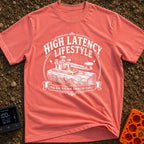 High Latency Low Stress - T-Shirt in Watermelon - A black and white vintage-style illustration of a mechanical telegraph...