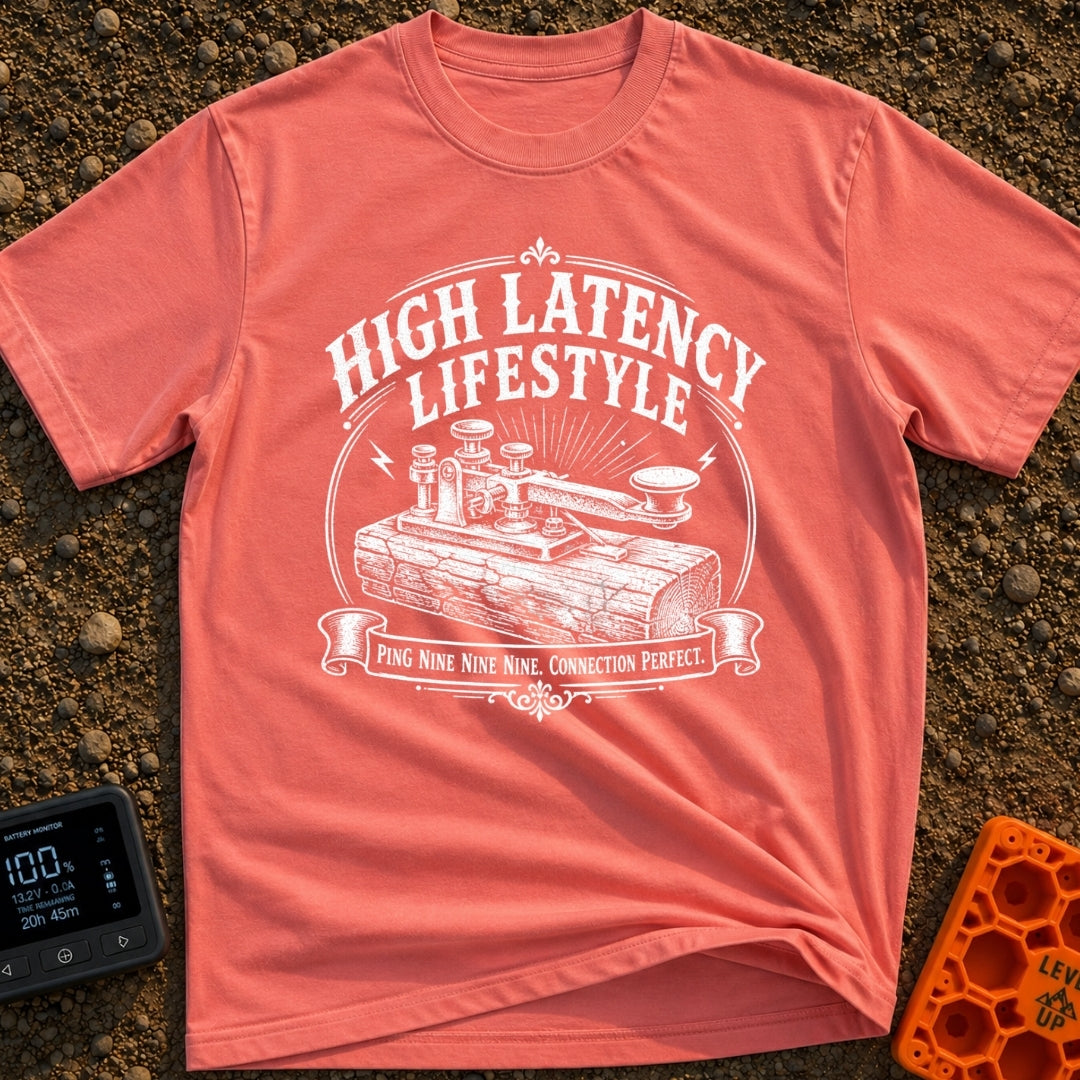 High Latency Low Stress - T-Shirt in Watermelon - A black and white vintage-style illustration of a mechanical telegraph...