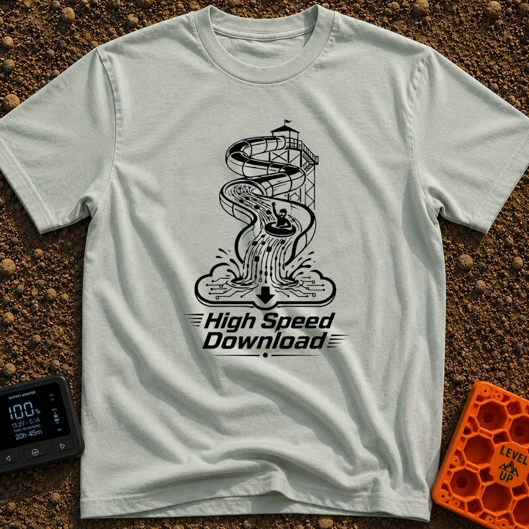Slip And Stream - T-Shirt in Bay - A black and white illustration of a person in an inner tube riding down a tall water...