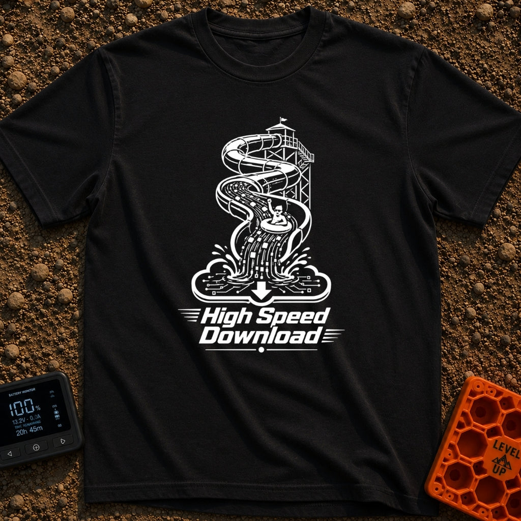 Slip And Stream - T-Shirt in Black - A black and white illustration of a person in an inner tube riding down a tall water...