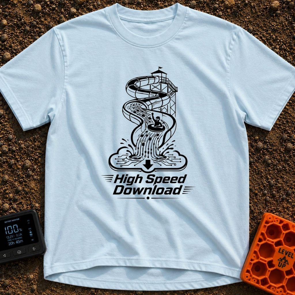 Slip And Stream - T-Shirt in Chambray - A black and white illustration of a person in an inner tube riding down a tall...