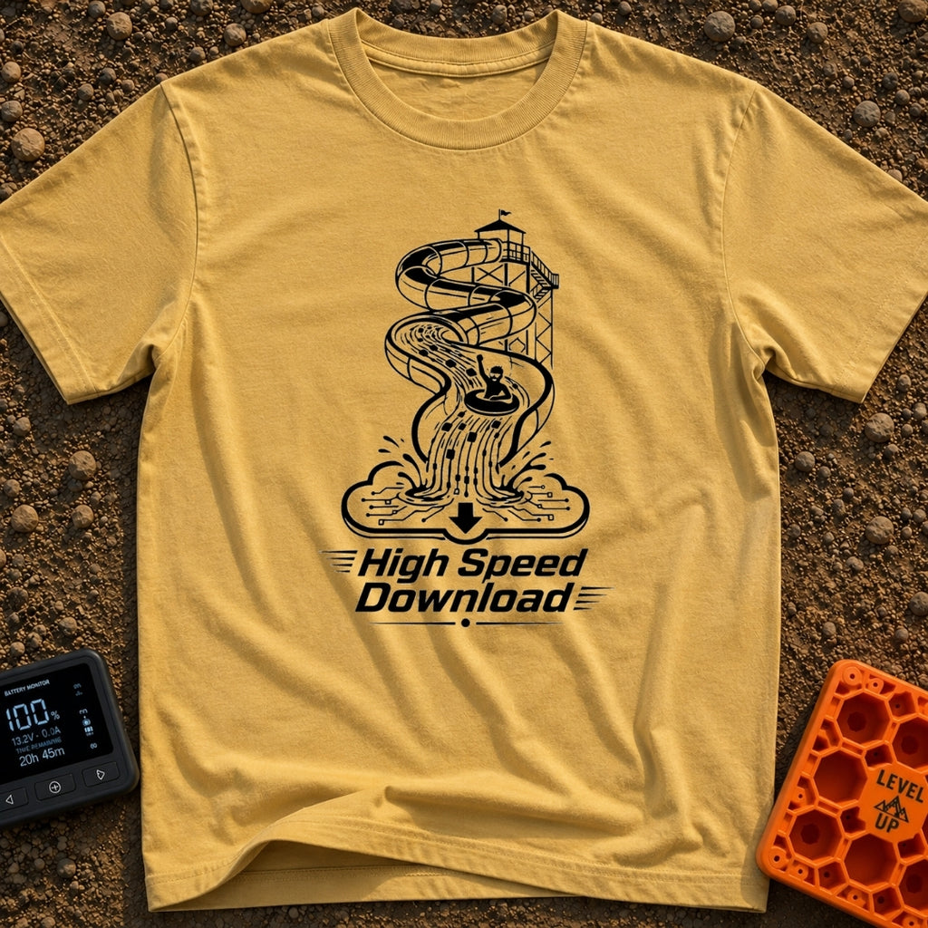 Slip And Stream - T-Shirt in Mustard - A black and white illustration of a person in an inner tube riding down a tall...