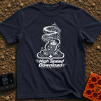 Slip And Stream - T-Shirt in Navy - A black and white illustration of a person in an inner tube riding down a tall water...