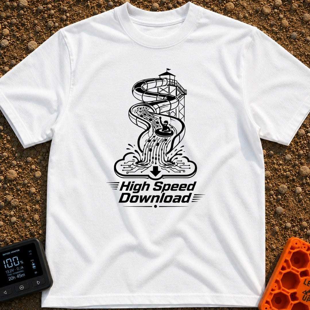Slip And Stream - T-Shirt in White - A black and white illustration of a person in an inner tube riding down a tall water...