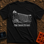 Off Grid Streaming - T-Shirt in Black - A black and white line drawing of a camper van parked beside water, with a large...