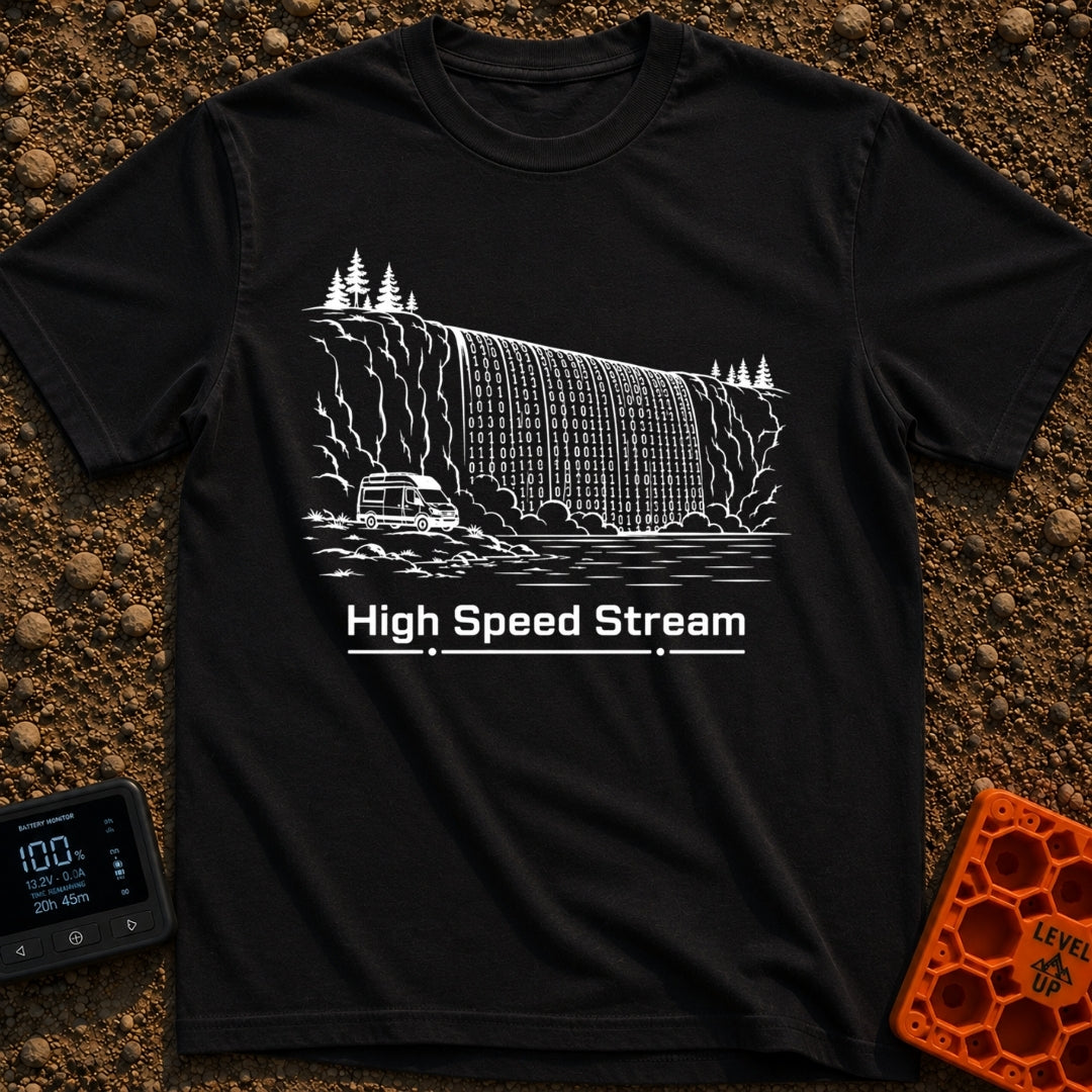 Off Grid Streaming - T-Shirt in Black - A black and white line drawing of a camper van parked beside water, with a large...