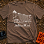 Off Grid Streaming - T-Shirt in Espresso - A black and white line drawing of a camper van parked beside water, with a...