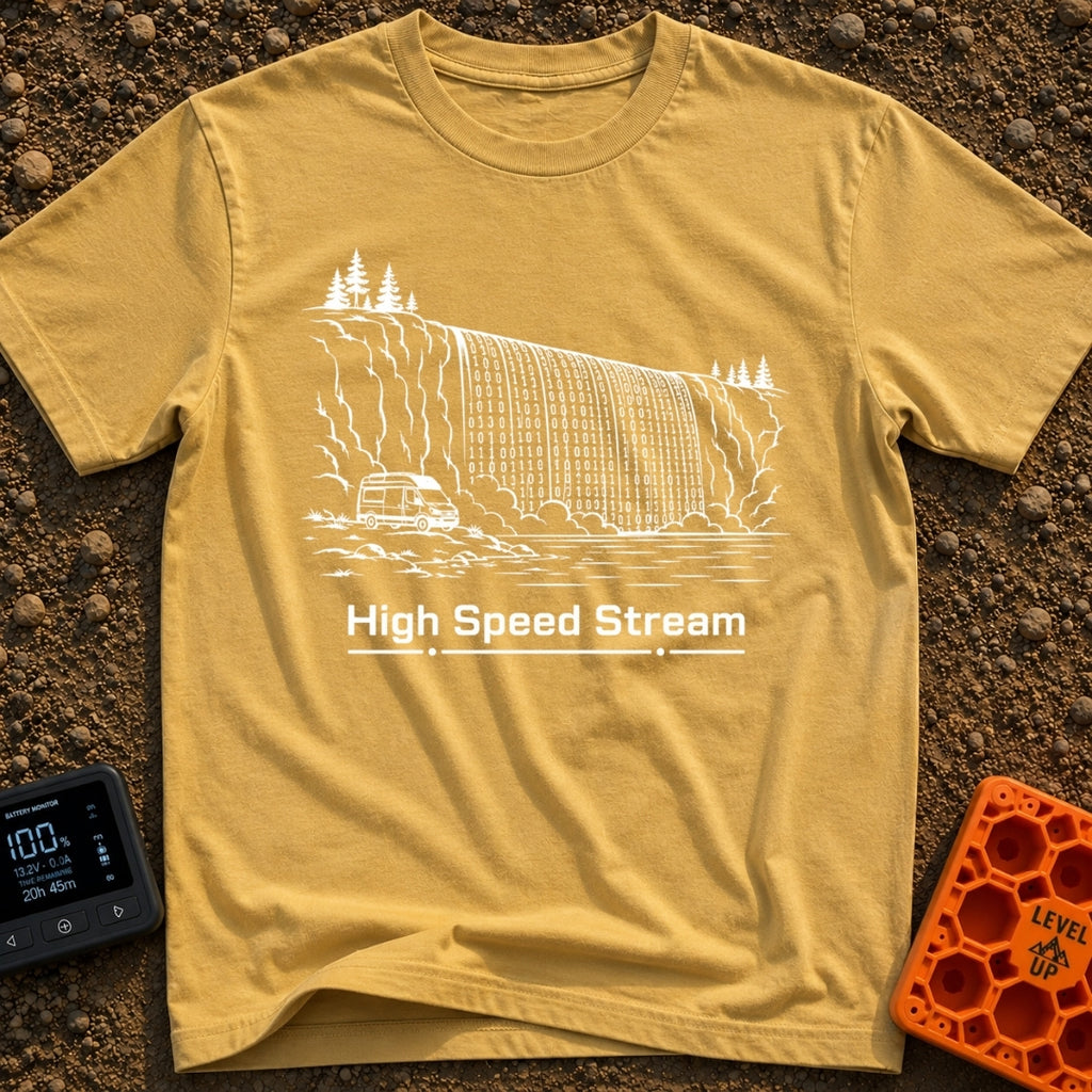 Off Grid Streaming - T-Shirt in Mustard - A black and white line drawing of a camper van parked beside water, with a...