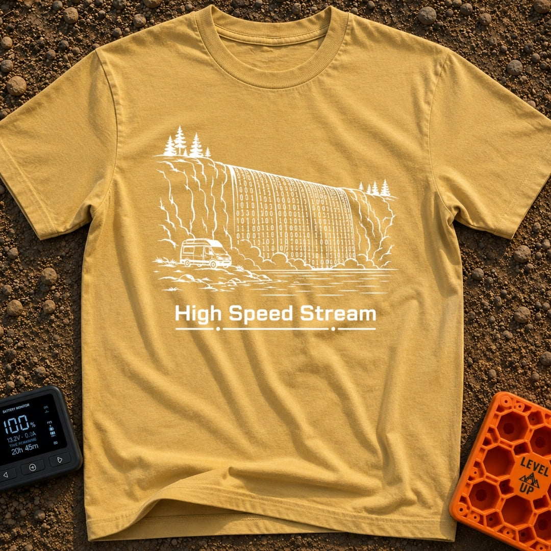 Off Grid Streaming - T-Shirt in Mustard - A black and white line drawing of a camper van parked beside water, with a...