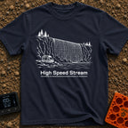 Off Grid Streaming - T-Shirt in Navy - A black and white line drawing of a camper van parked beside water, with a large...