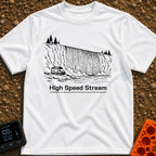 Off Grid Streaming - T-Shirt in White - A black and white line drawing of a camper van parked beside water, with a large...