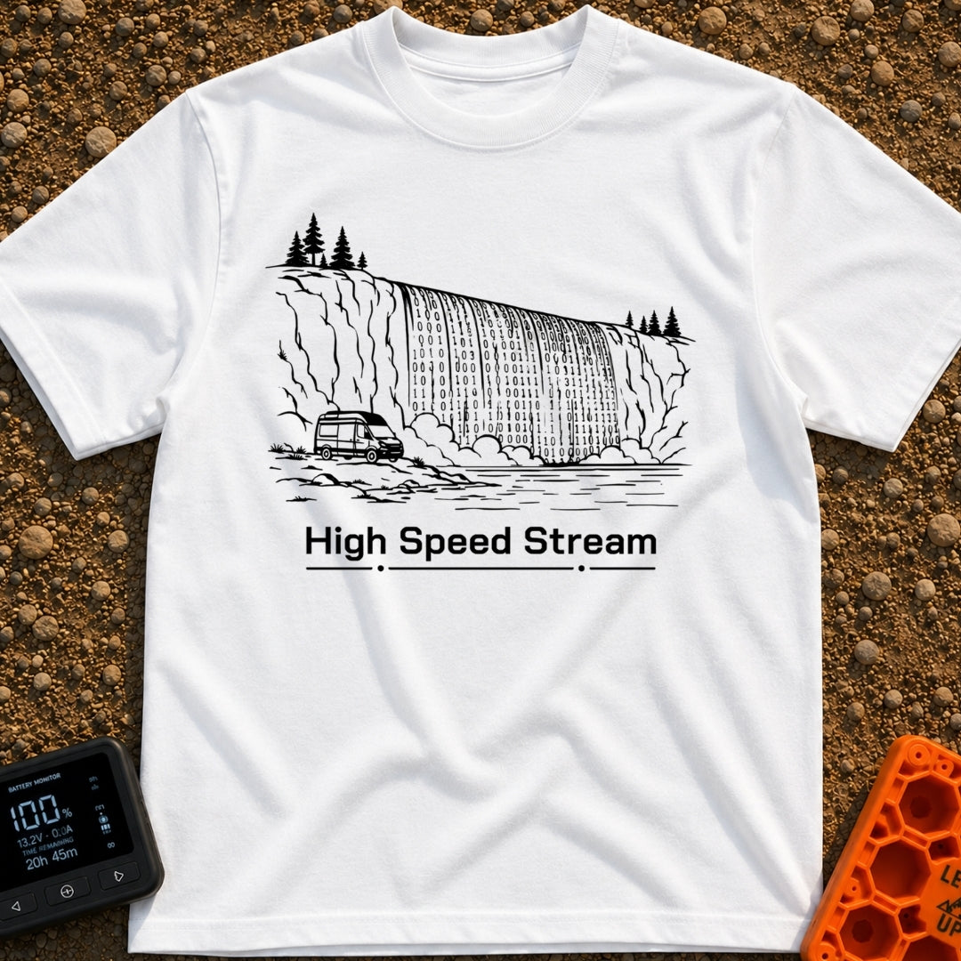 Off Grid Streaming - T-Shirt in White - A black and white line drawing of a camper van parked beside water, with a large...