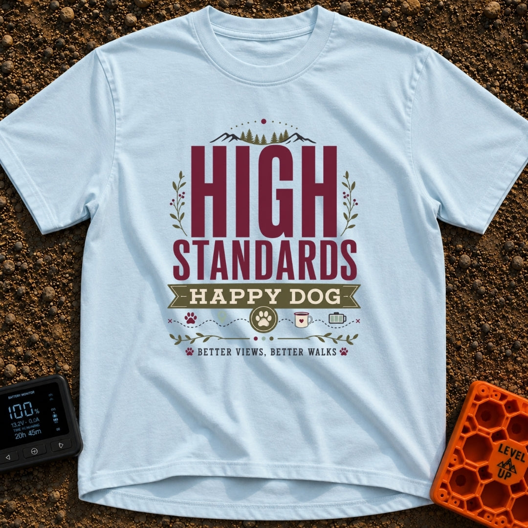 High Standards Happy Dog - T-Shirt in Chambray - A typographic design featuring the text "HIGH STANDARDS HAPPY DOG" and...