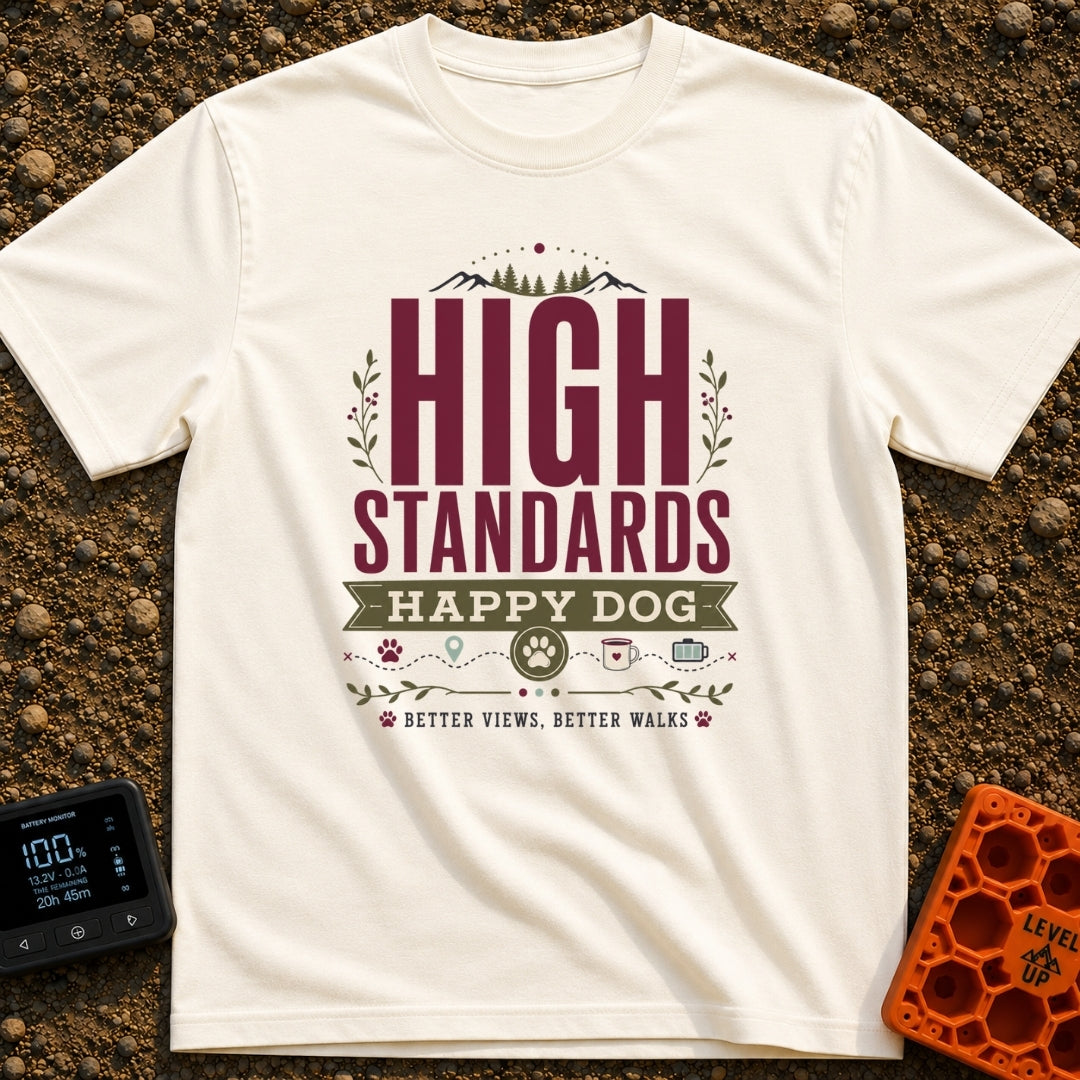 High Standards Happy Dog - T-Shirt in Ivory - A typographic design featuring the text "HIGH STANDARDS HAPPY DOG" and...