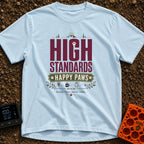 High Standards Happy Paws - T-Shirt in Chambray - A typography design reading "HIGH STANDARDS HAPPY PAWS" with the text...