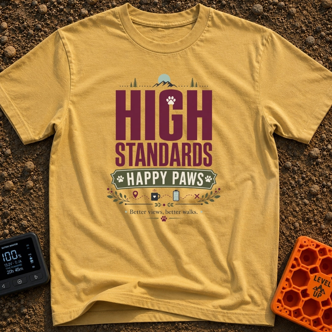 High Standards Happy Paws - T-Shirt in Mustard - A typography design reading "HIGH STANDARDS HAPPY PAWS" with the text...