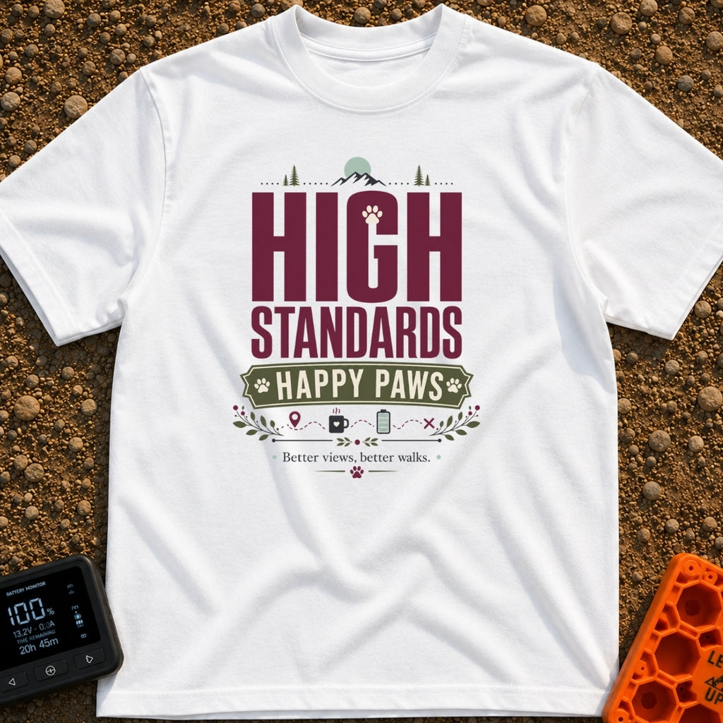 High Standards Happy Paws - T-Shirt in White - A typography design reading "HIGH STANDARDS HAPPY PAWS" with the text...