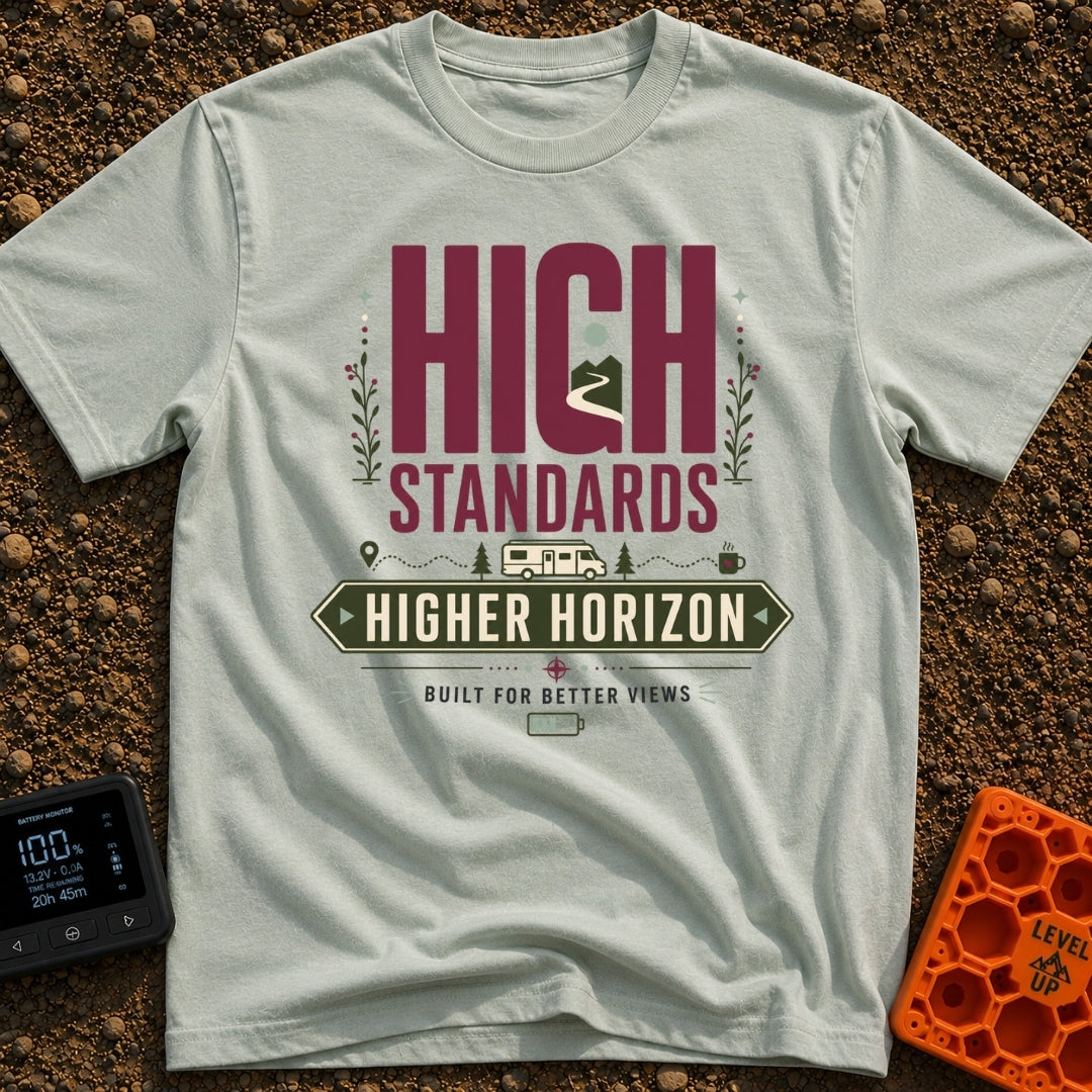 High Standards Higher Horizon - T-Shirt in Bay - The artwork features the text "HIGH STANDARDS" with a mountain and...