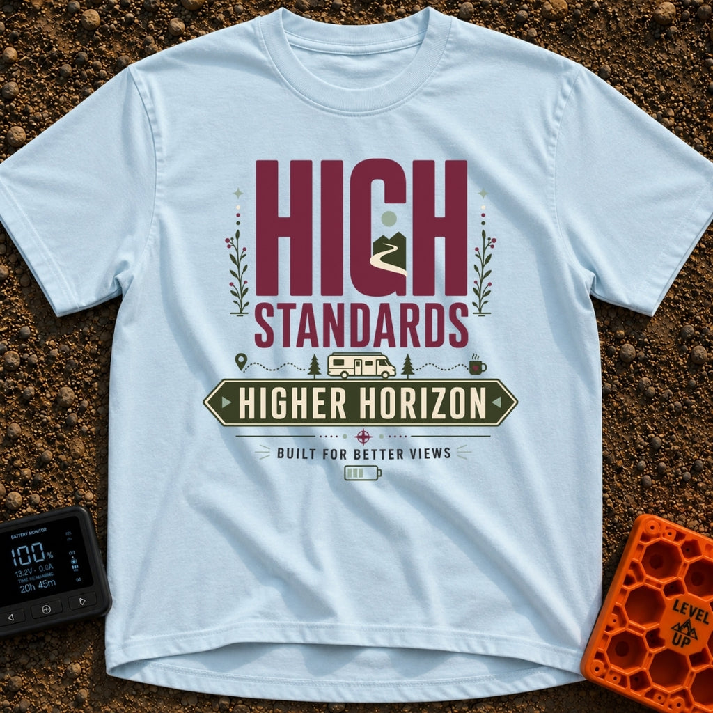 High Standards Higher Horizon - T-Shirt in Chambray - The artwork features the text "HIGH STANDARDS" with a mountain and...