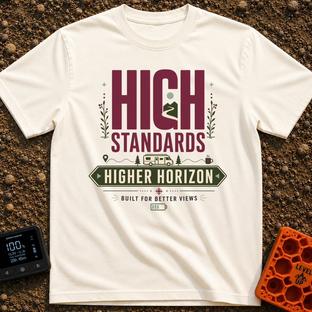 High Standards Higher Horizon - T-Shirt in Ivory - The artwork features the text "HIGH STANDARDS" with a mountain and...
