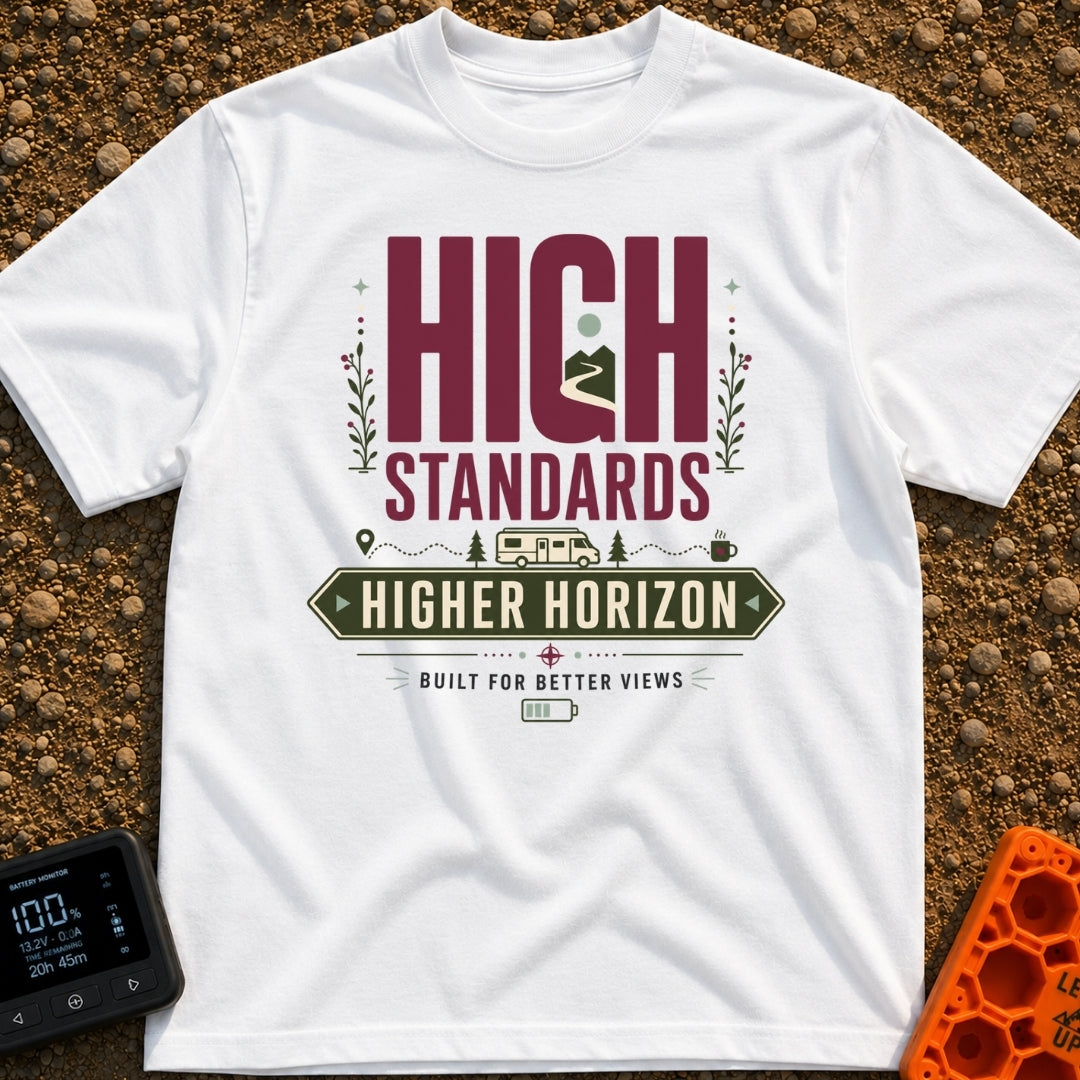 High Standards Higher Horizon - T-Shirt in White - The artwork features the text "HIGH STANDARDS" with a mountain and...