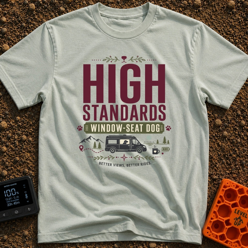 Pawsome Van View - T-Shirt in Bay - A typographic design reading "HIGH STANDARDS WINDOW-SEAT DOG" above an illustration...