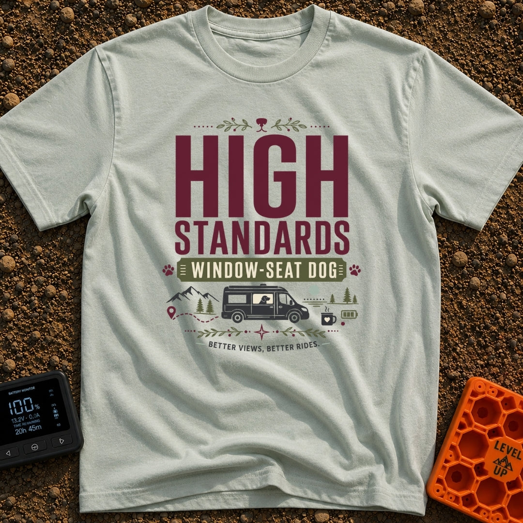 Pawsome Van View - T-Shirt in Bay - A typographic design reading "HIGH STANDARDS WINDOW-SEAT DOG" above an illustration...