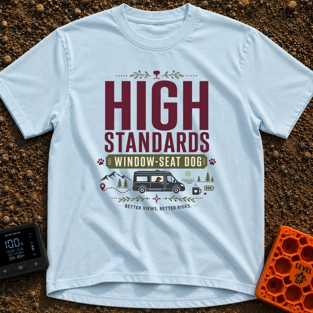Pawsome Van View - T-Shirt in Chambray - A typographic design reading "HIGH STANDARDS WINDOW-SEAT DOG" above an...