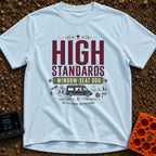 Pawsome Van View - T-Shirt in Chambray - A typographic design reading "HIGH STANDARDS WINDOW-SEAT DOG" above an...