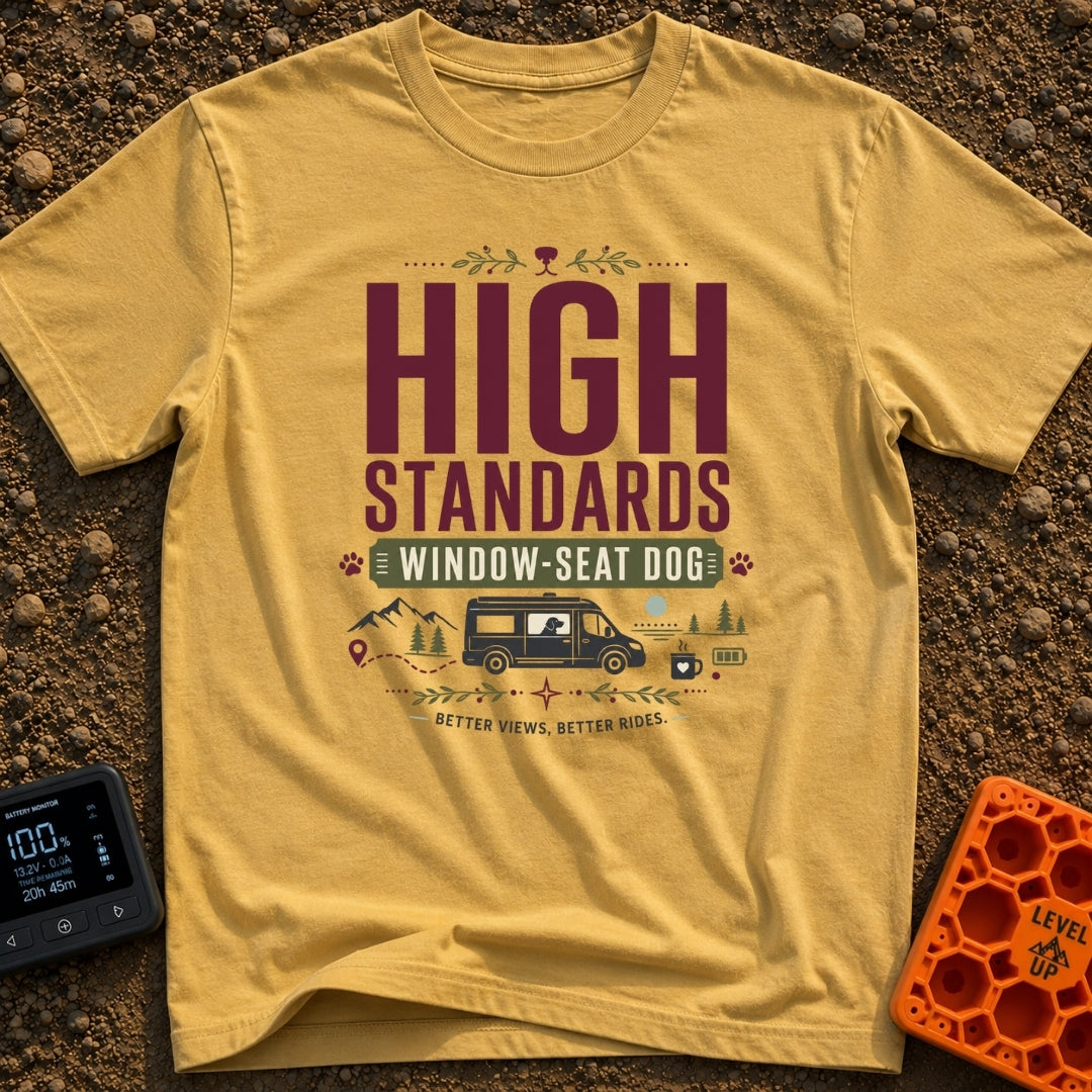 Pawsome Van View - T-Shirt in Mustard - A typographic design reading "HIGH STANDARDS WINDOW-SEAT DOG" above an...
