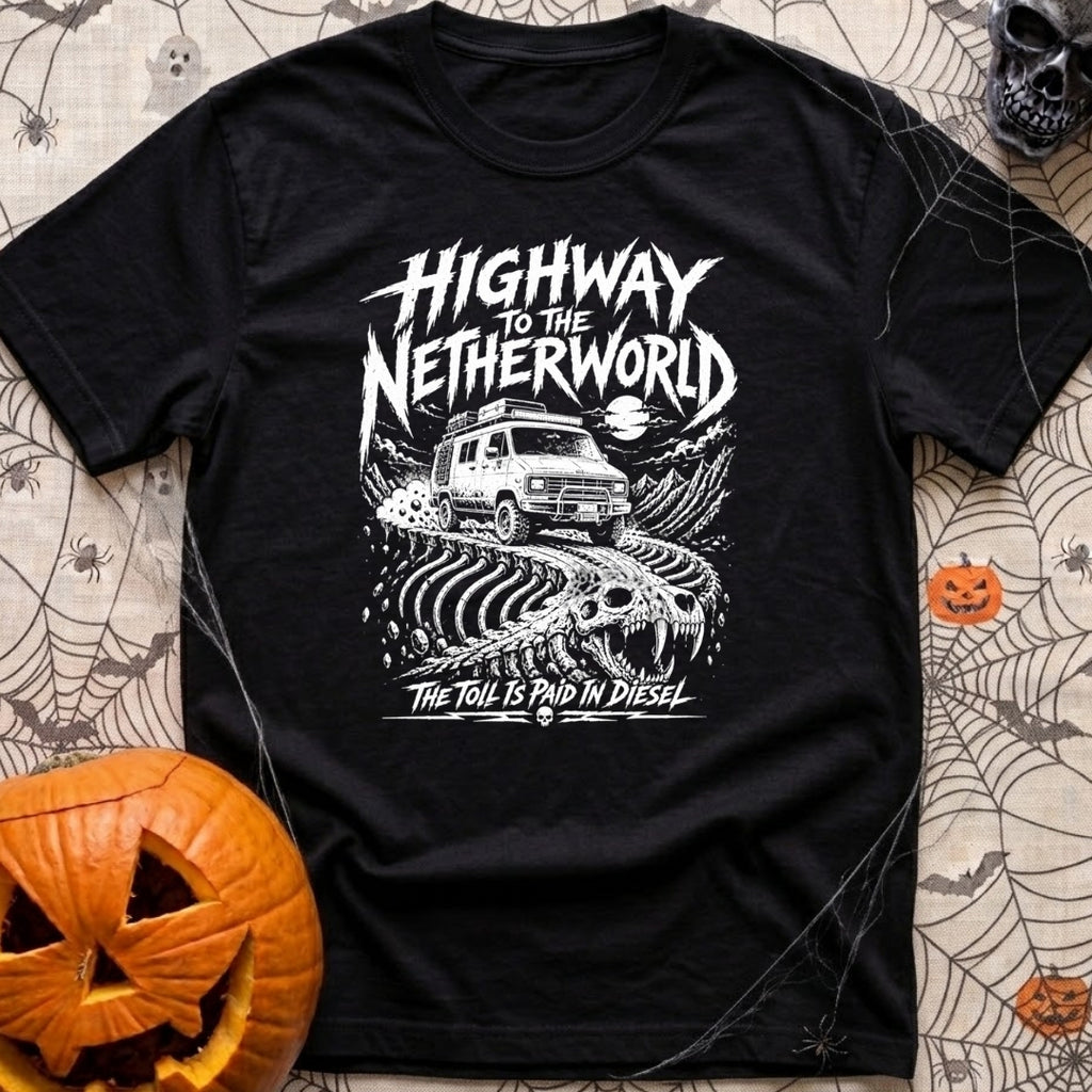 Highway To Netherworld - T-Shirt in Black - A white line-art illustration of a rugged off-road camper van driving along a...