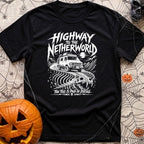 Highway To Netherworld - T-Shirt in Black - A white line-art illustration of a rugged off-road camper van driving along a...