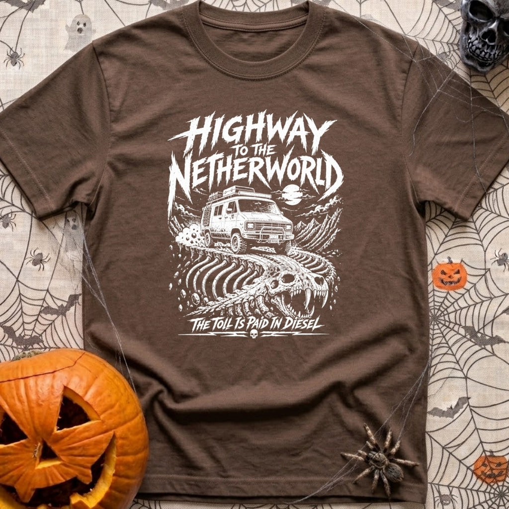 Highway To Netherworld - T-Shirt in Espresso - A white line-art illustration of a rugged off-road camper van driving...