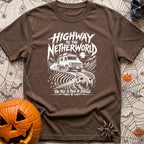 Highway To Netherworld - T-Shirt in Espresso - A white line-art illustration of a rugged off-road camper van driving...