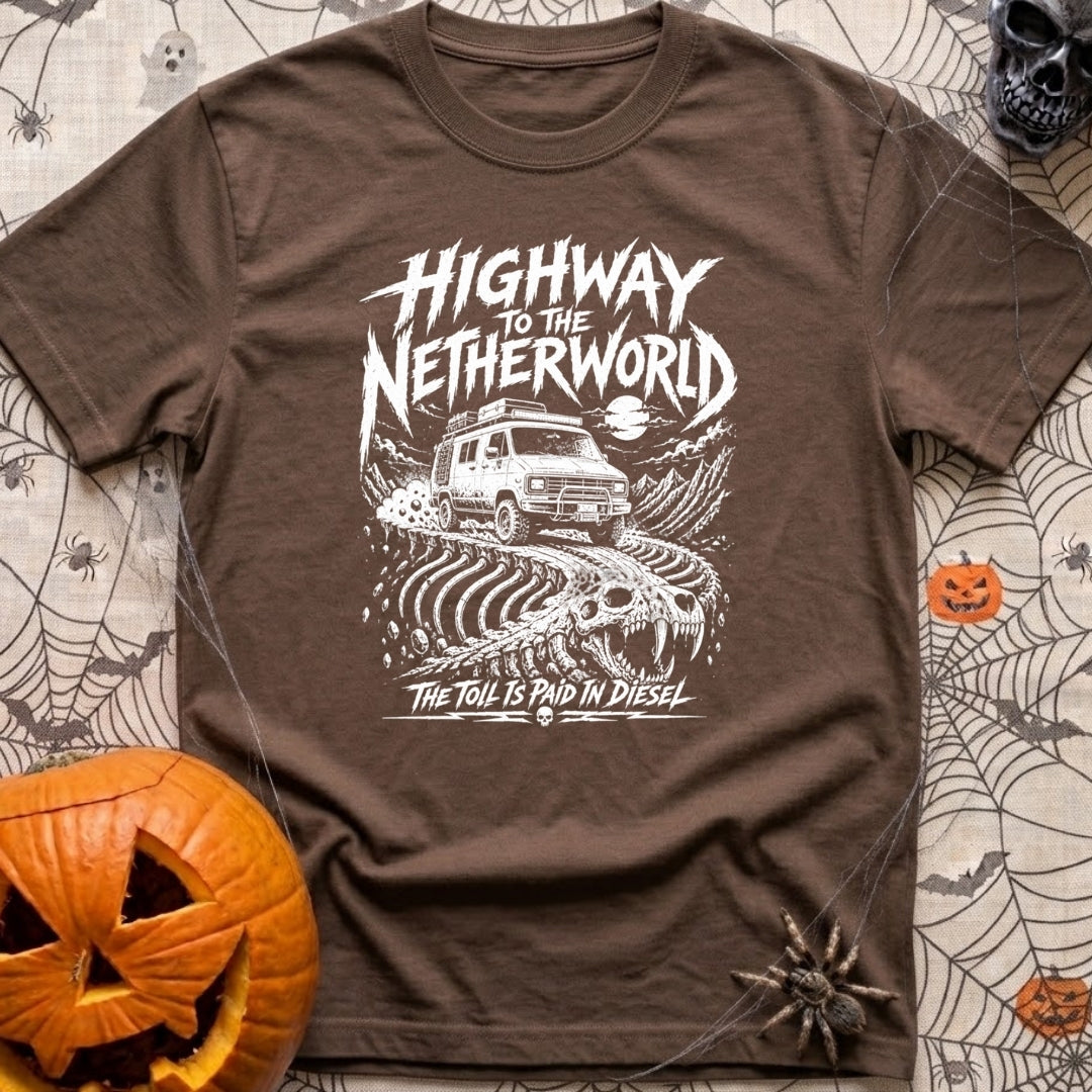 Highway To Netherworld - T-Shirt in Espresso - A white line-art illustration of a rugged off-road camper van driving...