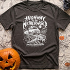 Highway To Netherworld - T-Shirt in Graphite - A white line-art illustration of a rugged off-road camper van driving...