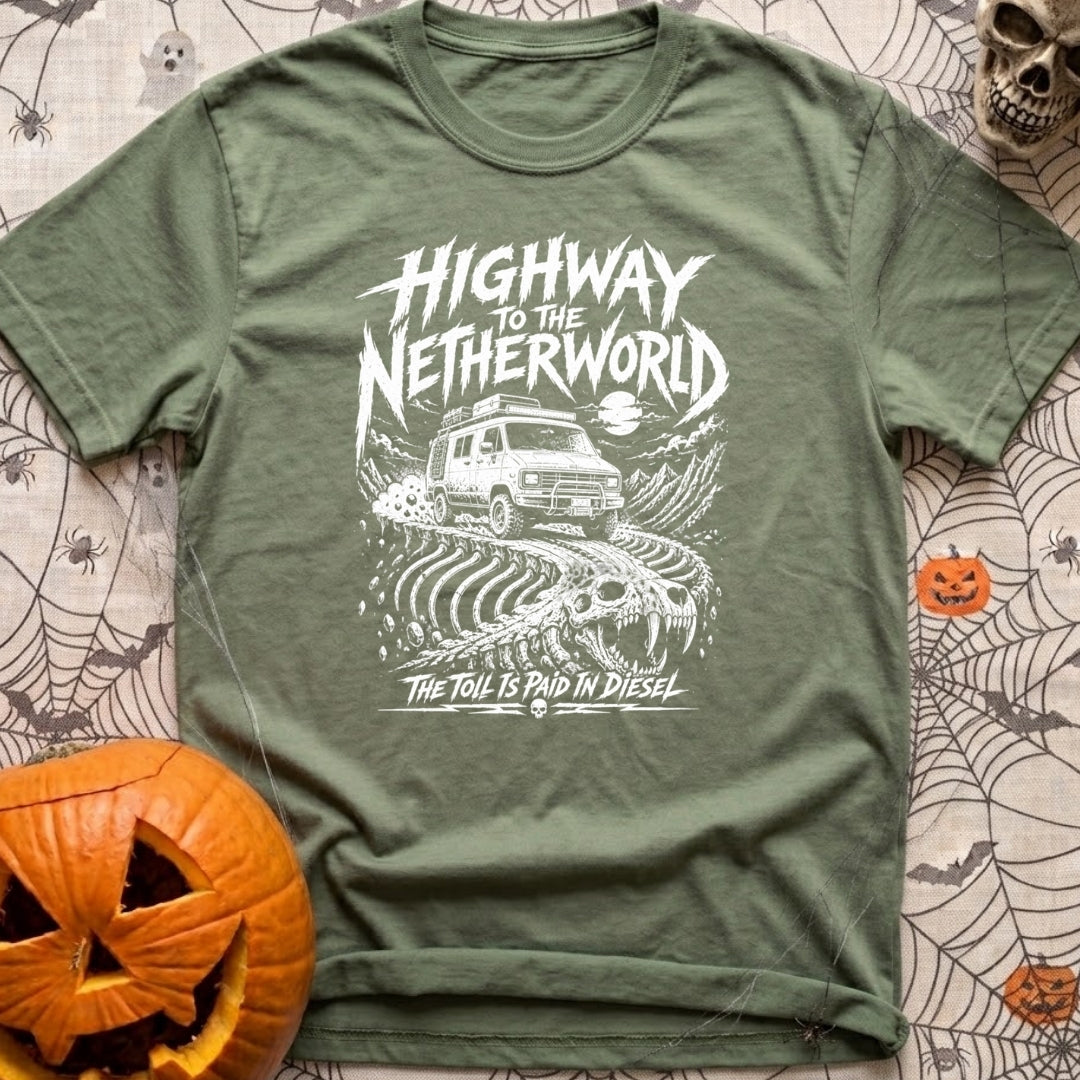 Highway To Netherworld - T-Shirt in Moss - A white line-art illustration of a rugged off-road camper van driving along a...