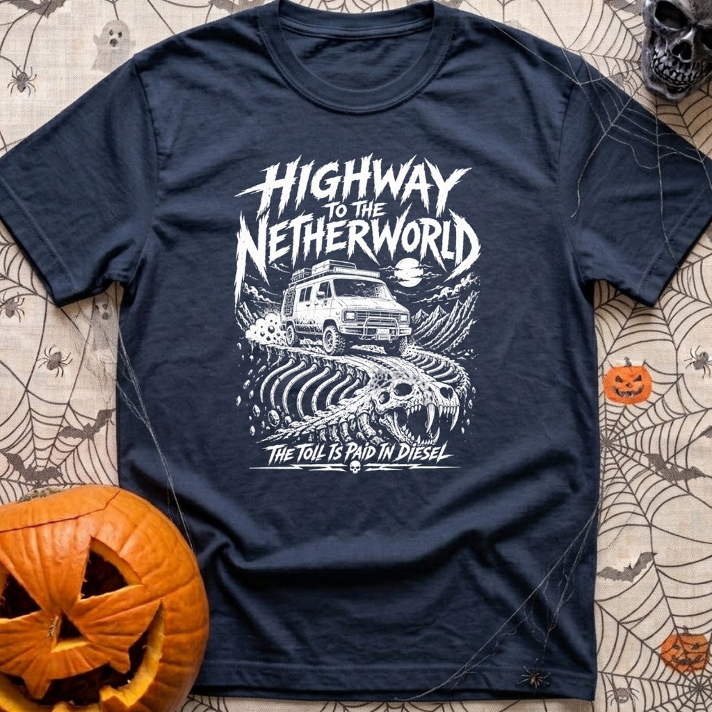 Highway To Netherworld - T-Shirt in Navy - A white line-art illustration of a rugged off-road camper van driving along a...