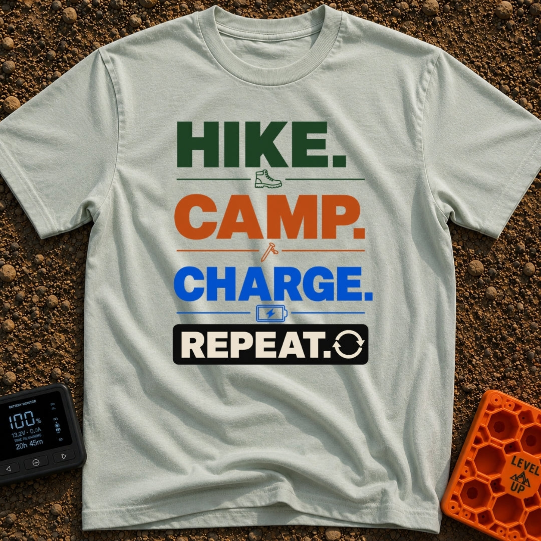 Hike Camp Charge Repeat - T-Shirt in Bay - A typographic design stacking the words "HIKE.", "CAMP.", "CHARGE.", and...