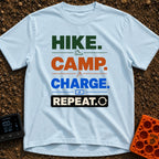 Hike Camp Charge Repeat - T-Shirt in Chambray - A typographic design stacking the words "HIKE.", "CAMP.", "CHARGE.", and...