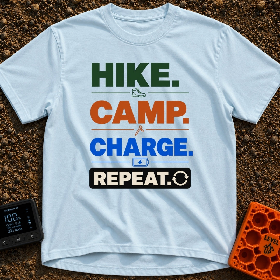 Hike Camp Charge Repeat - T-Shirt in Chambray - A typographic design stacking the words "HIKE.", "CAMP.", "CHARGE.", and...